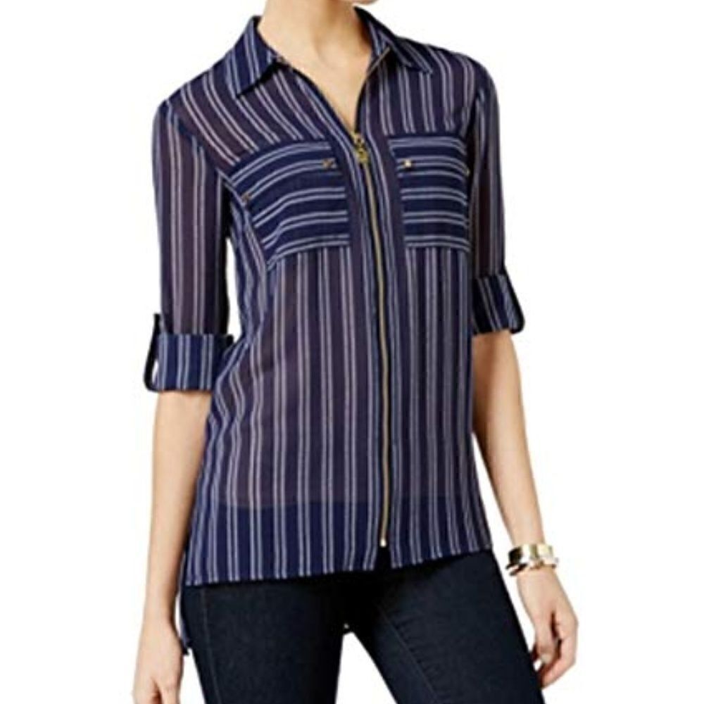 NWT Michael Kors Full Zip Utility Blouse Top Navy